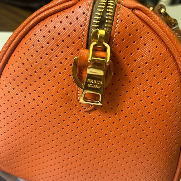 PRADA Boston Papaya Caramel Pink Saffiano Fori Perforated Satchel - Picture 6 of 13